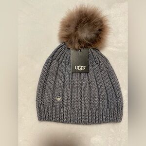UGG Charcoal Knit Beanie with Tan Fur Pom